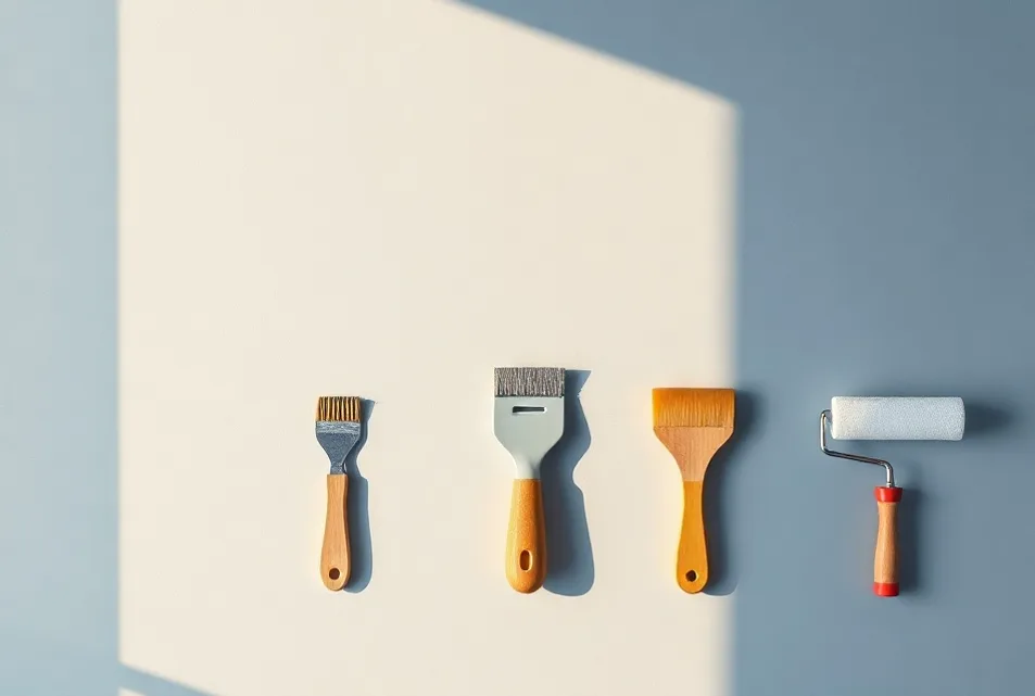 Outils de peinture disposés dans l'ordre des étapes du chantier