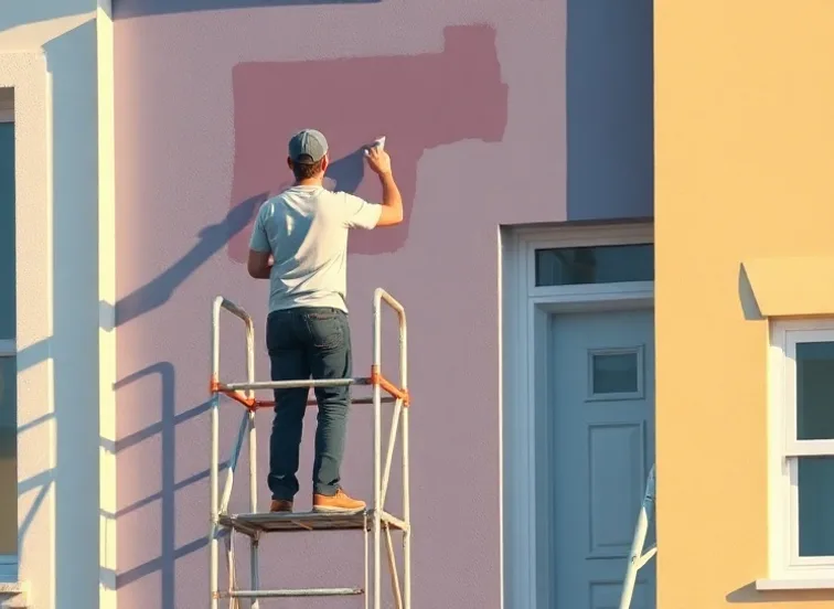 Peintre sur échafaudage traitant la façade d'une maison