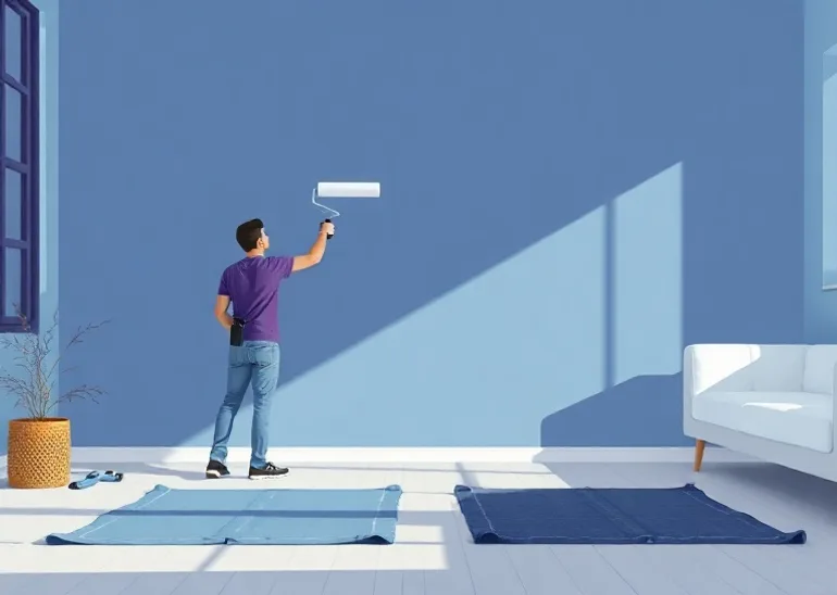Peintre appliquant la peinture au rouleau sur un mur de salon